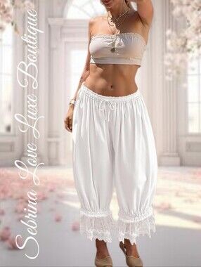 Romantic Victorian Inspired Boho White Lace Hem Wide-Leg Pantaloon Bloomer Pants